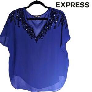 EXPRESS Sheer Indigo Tunic with decorative subtle sequin neckline